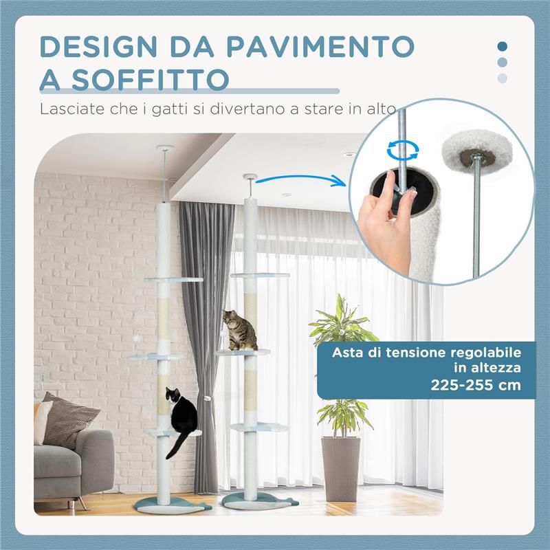 ALBERO TIRAGRAFFI PER GATTI A SOFFITTO CON PALO REGOLABILE DA 225-255 CM, PALLINA E PIATTAFORME, BIANCO