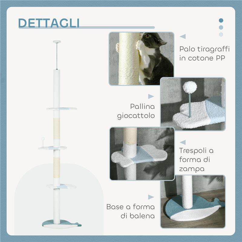 ALBERO TIRAGRAFFI PER GATTI A SOFFITTO CON PALO REGOLABILE DA 225-255 CM, PALLINA E PIATTAFORME, BIANCO
