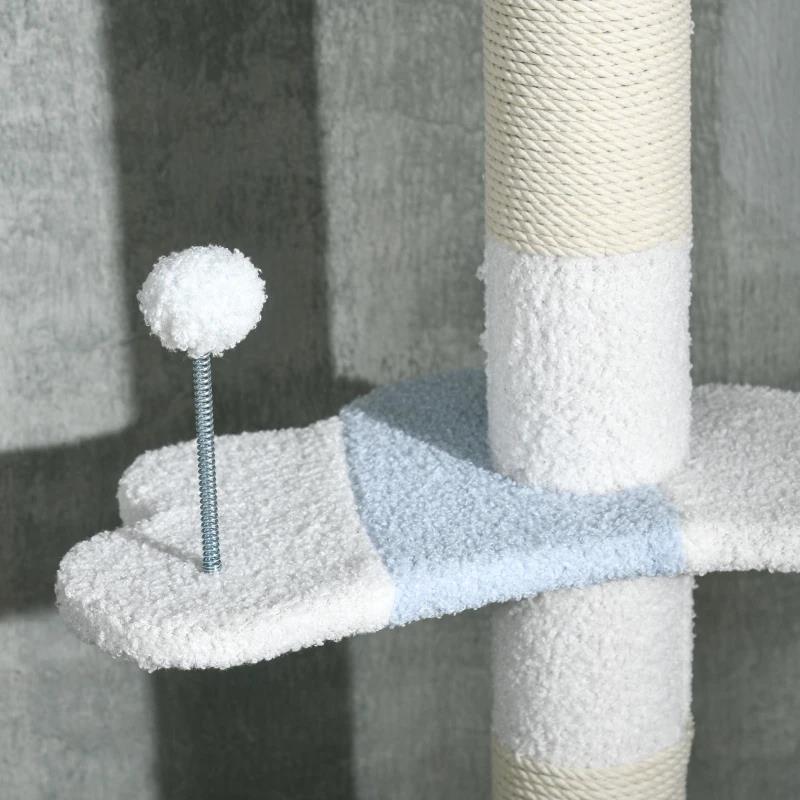 ALBERO TIRAGRAFFI PER GATTI A SOFFITTO CON PALO REGOLABILE DA 225-255 CM, PALLINA E PIATTAFORME, BIANCO