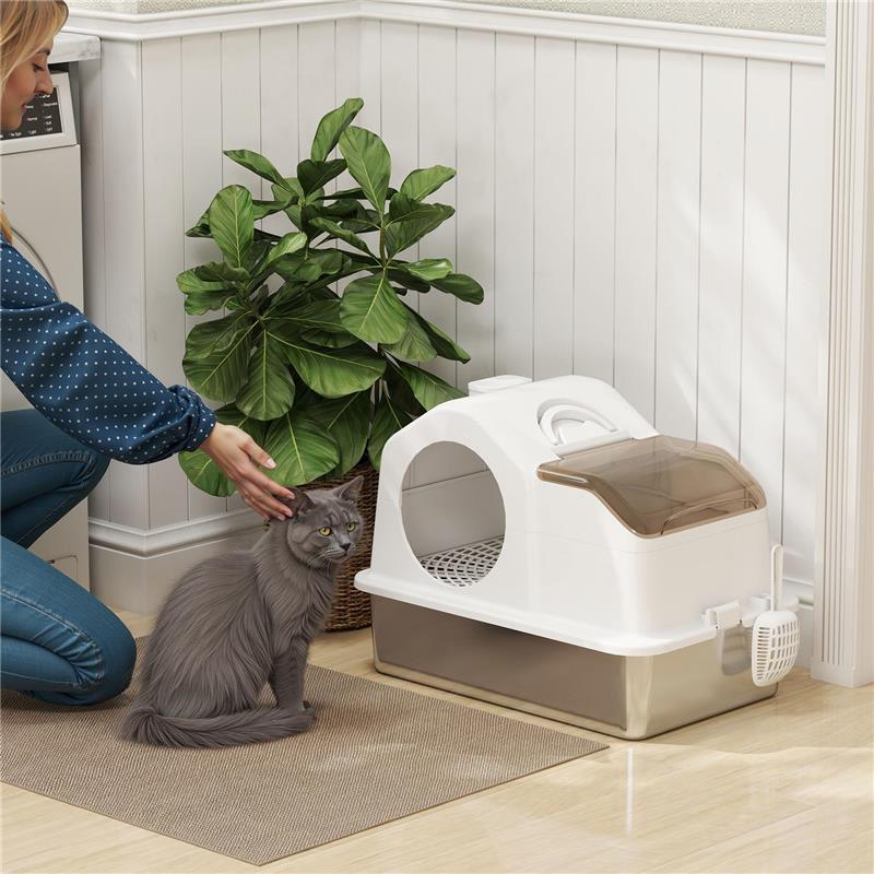 LETTIERA PER GATTI CHIUSA CON 2 TAPPETINI, IN ACCIAIO INOX, ABS E PP, 60.5X40.5X42 CM, BIANCA E ARGENTO