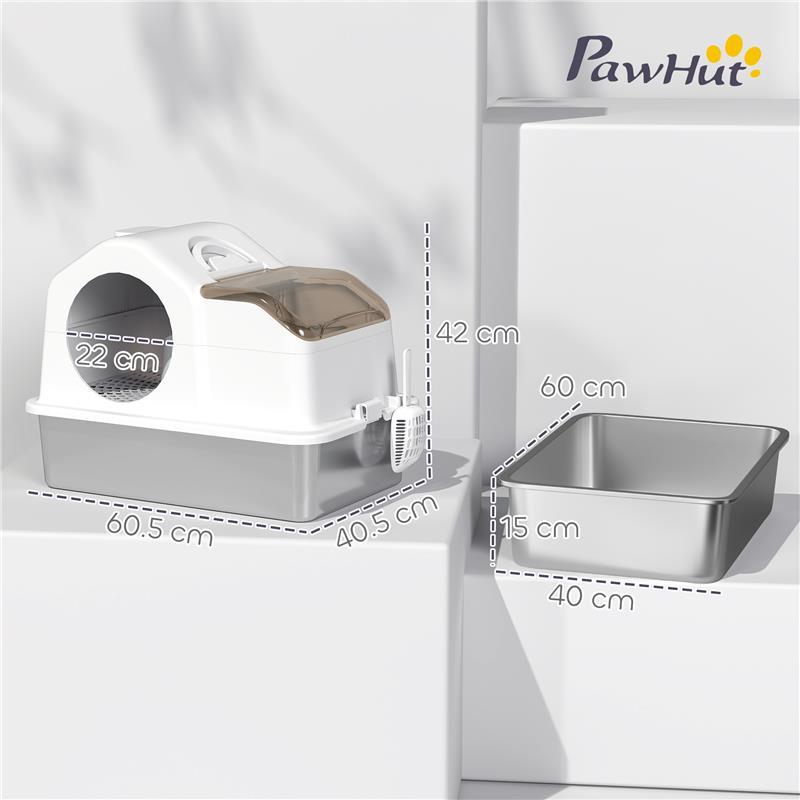 LETTIERA PER GATTI CHIUSA CON 2 TAPPETINI, IN ACCIAIO INOX, ABS E PP, 60.5X40.5X42 CM, BIANCA E ARGENTO
