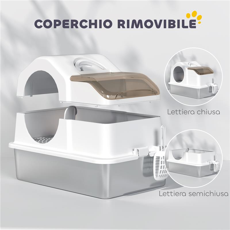 LETTIERA PER GATTI CHIUSA CON 2 TAPPETINI, IN ACCIAIO INOX, ABS E PP, 60.5X40.5X42 CM, BIANCA E ARGENTO