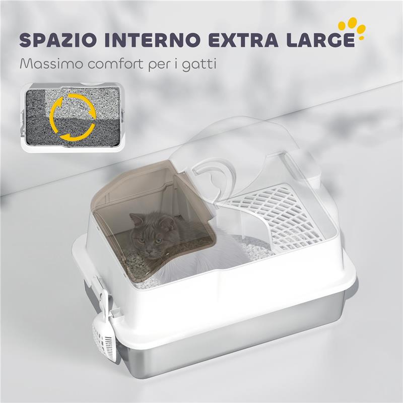 LETTIERA PER GATTI CHIUSA CON 2 TAPPETINI, IN ACCIAIO INOX, ABS E PP, 60.5X40.5X42 CM, BIANCA E ARGENTO