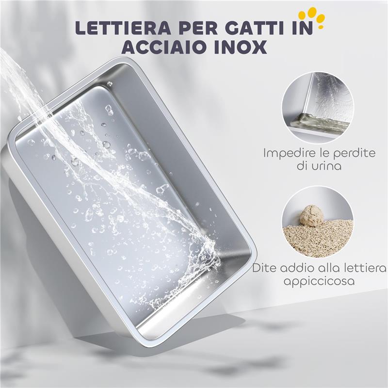 LETTIERA PER GATTI CHIUSA CON 2 TAPPETINI, IN ACCIAIO INOX, ABS E PP, 60.5X40.5X42 CM, BIANCA E ARGENTO