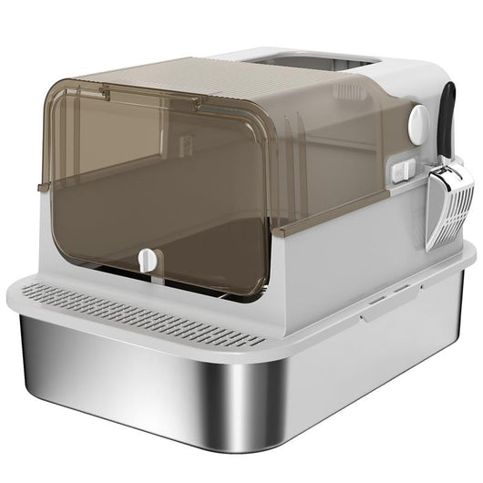 LETTIERA PER GATTI CHIUSA XXL IN ACCIAIO INOX, COPERCHIO APRIBILE A 90¦ E DOPPIE PORTE, 70X50X46.5 CM, GRIGIO