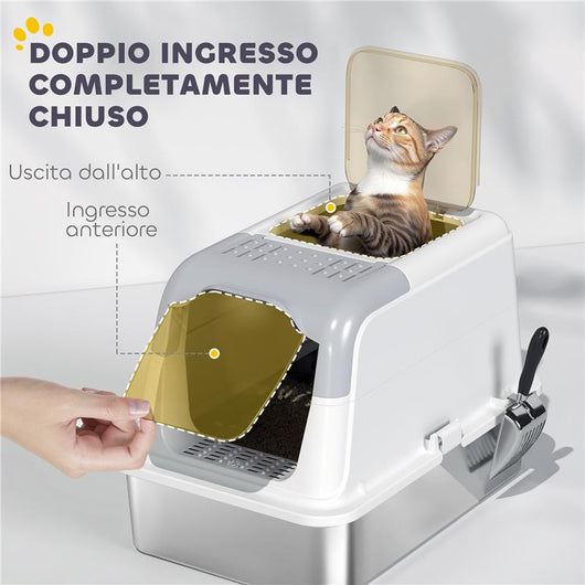 LETTIERA PER GATTI CHIUSA A 2 INGRESSI CON DEODORANTE E PALETTA, 60.4X40.4X41.8 CM, BIANCO E GRIGIO