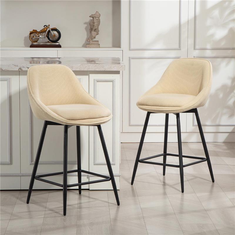 SET 2 SGABELLI BAR GIREVOLI CON SCHIENALE E BRACCIOLI, RIVESTIMENTO IN VELLUTO A COSTE E POGGIAPIEDI, BEIGE
