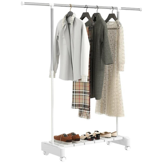 STENDIBIANCHERIA ESTENSIBILE CON RUOTE E FRENO, RIPIANO PORTA SCARPE E STRUTTURA IN ACCIAIO INOX, BIANCO