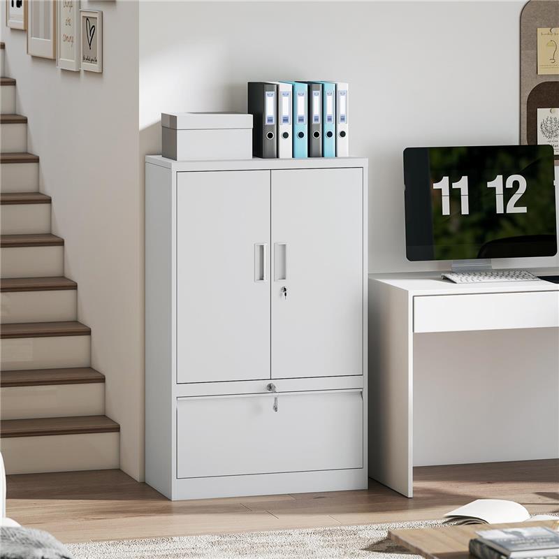 MOBILE DA UFFICIO IN ACCIAIO CON RIPIANO INTERNO REGOLABILE E CASSETTO, 80X40X130 CM, BIANCO