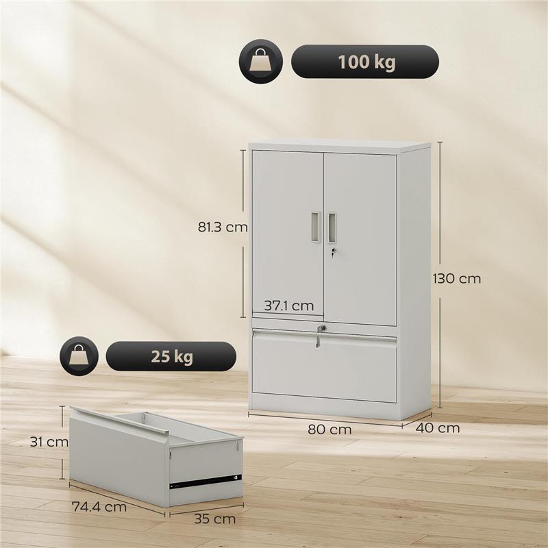 MOBILE DA UFFICIO IN ACCIAIO CON RIPIANO INTERNO REGOLABILE E CASSETTO, 80X40X130 CM, BIANCO