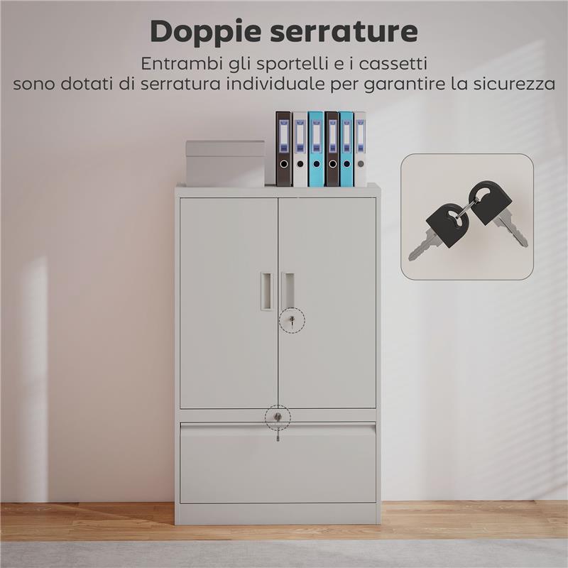 MOBILE DA UFFICIO IN ACCIAIO CON RIPIANO INTERNO REGOLABILE E CASSETTO, 80X40X130 CM, BIANCO