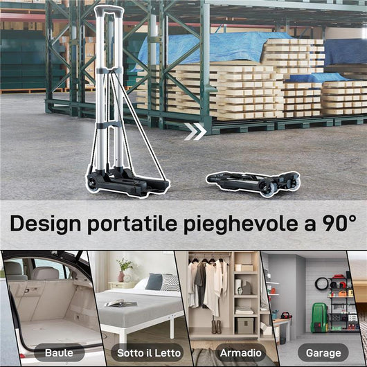 CARRELLO PORTAPACCHI PIEGHEVOLE DA 40 KG CON 2 CINGHIE, MANIGLIA TELESCOPICA, ALLUMINIO E PLASTICA, NERO