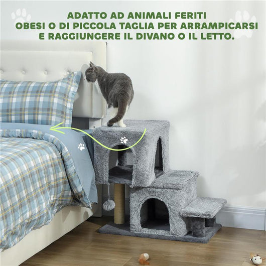 SCALETTA PER GATTI A 4 GRADINI REGOLABILE IN ALTEZZA CON 2 CASETTE, PALO TIRAGRAFFI E PALLINA, GRIGIO