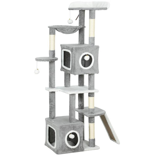 ALBERO TIRAGRAFFI PER GATTI CON 2 CASETTE, RAMPA, TRESPOLI E 4 PALLINE, 48X40X165 CM, GRIGIO E BIANCO