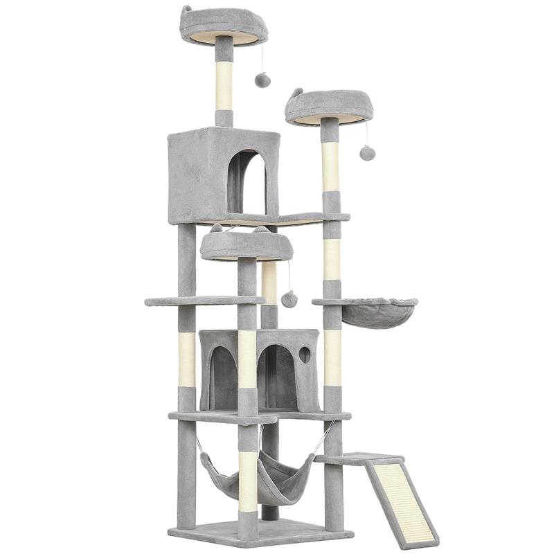 ALBERO TIRAGRAFFI PER GATTI CON SCALA, 2 AMACHE, 3 POSATOI, 2 CASETTE E 3 PIATTAFORME, 48X48X192 CM, GRIGIO E CREMA