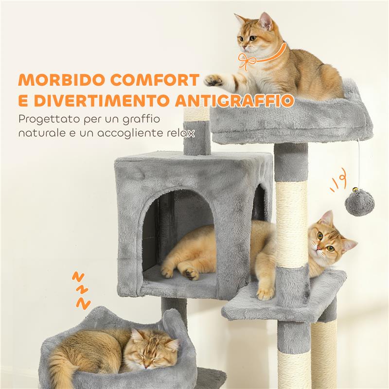ALBERO TIRAGRAFFI PER GATTI CON SCALA, 2 AMACHE, 3 POSATOI, 2 CASETTE E 3 PIATTAFORME, 48X48X192 CM, GRIGIO E CREMA