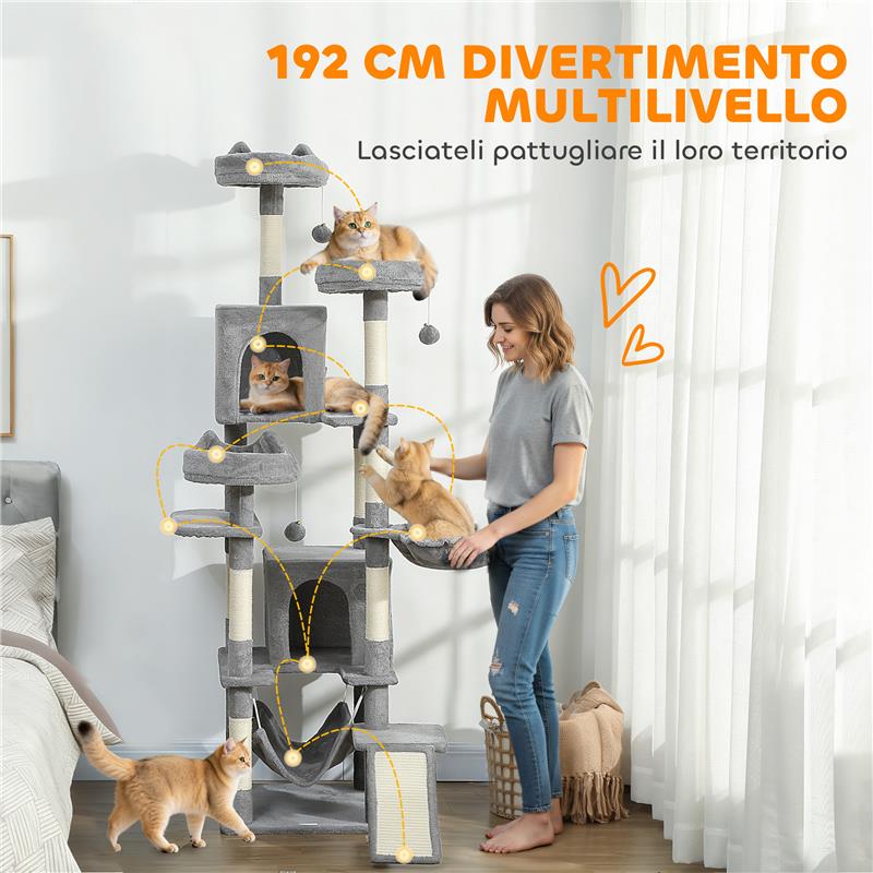 ALBERO TIRAGRAFFI PER GATTI CON SCALA, 2 AMACHE, 3 POSATOI, 2 CASETTE E 3 PIATTAFORME, 48X48X192 CM, GRIGIO E CREMA