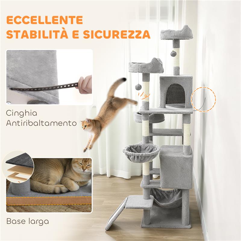 ALBERO TIRAGRAFFI PER GATTI CON SCALA, 2 AMACHE, 3 POSATOI, 2 CASETTE E 3 PIATTAFORME, 48X48X192 CM, GRIGIO E CREMA