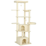 ALBERO PER GATTI ALTO 200 CM MULTILIVELLO CON 2 CASETTE, 2 LETTINI E AMACA, STRUTTURA PER 2-3 GATTI, BEIGE