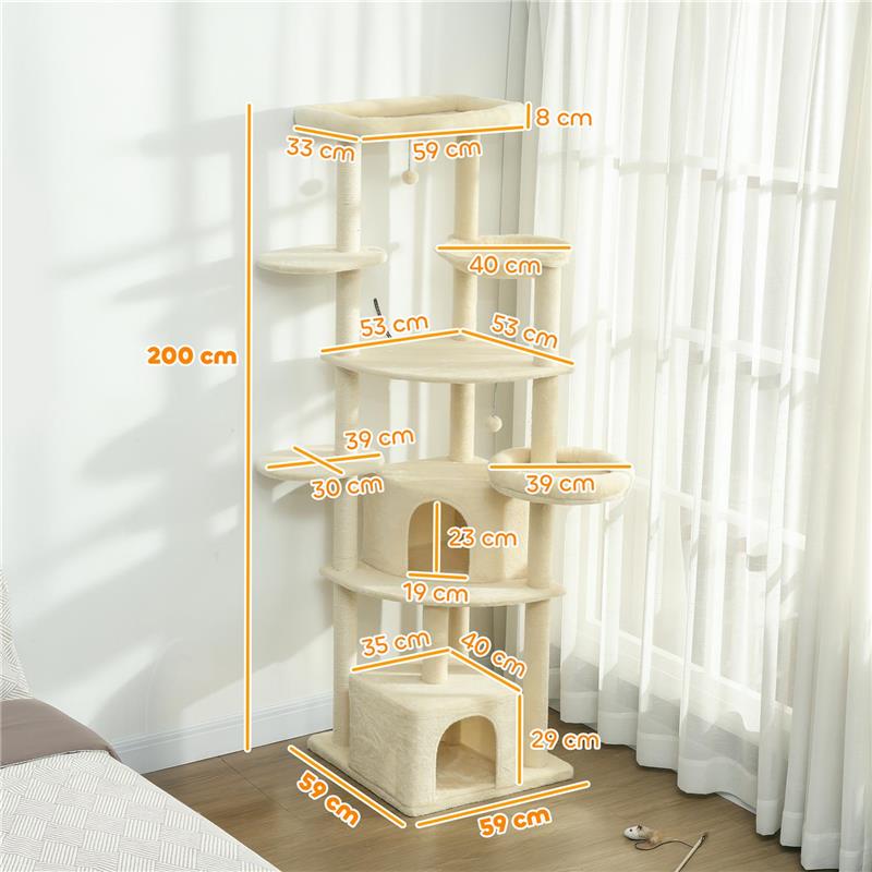 ALBERO PER GATTI ALTO 200 CM MULTILIVELLO CON 2 CASETTE, 2 LETTINI E AMACA, STRUTTURA PER 2-3 GATTI, BEIGE