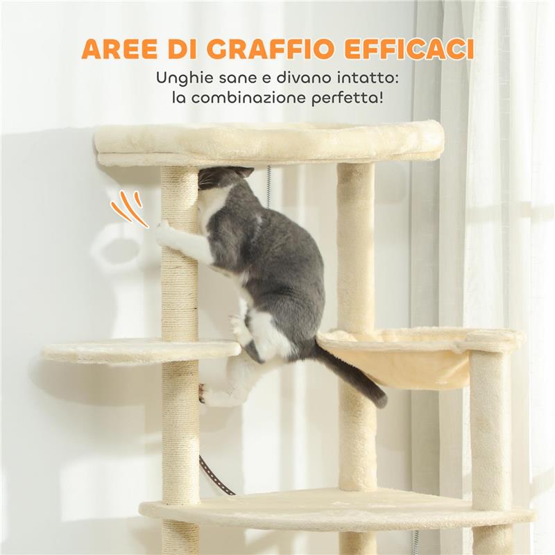 ALBERO PER GATTI ALTO 200 CM MULTILIVELLO CON 2 CASETTE, 2 LETTINI E AMACA, STRUTTURA PER 2-3 GATTI, BEIGE