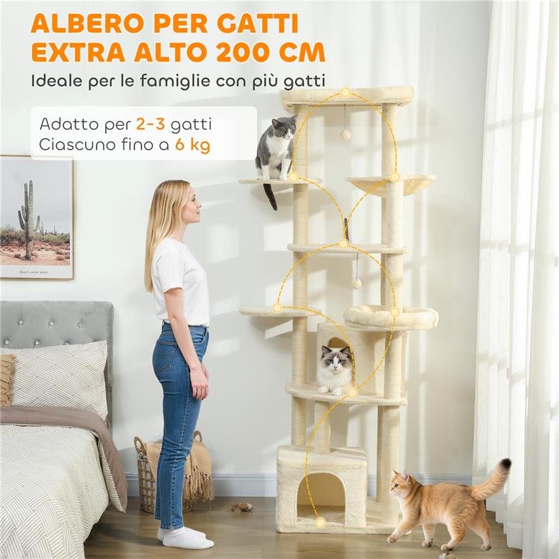 ALBERO PER GATTI ALTO 200 CM MULTILIVELLO CON 2 CASETTE, 2 LETTINI E AMACA, STRUTTURA PER 2-3 GATTI, BEIGE