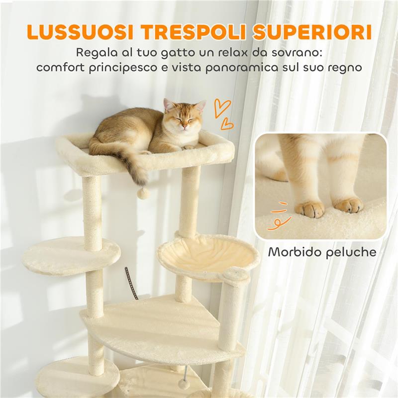 ALBERO PER GATTI ALTO 200 CM MULTILIVELLO CON 2 CASETTE, 2 LETTINI E AMACA, STRUTTURA PER 2-3 GATTI, BEIGE
