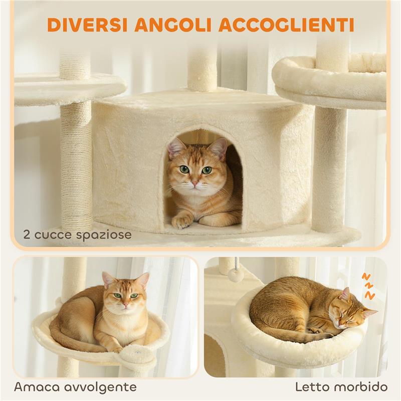 ALBERO PER GATTI ALTO 200 CM MULTILIVELLO CON 2 CASETTE, 2 LETTINI E AMACA, STRUTTURA PER 2-3 GATTI, BEIGE