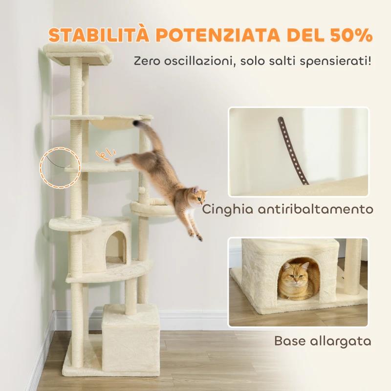 ALBERO PER GATTI ALTO 200 CM MULTILIVELLO CON 2 CASETTE, 2 LETTINI E AMACA, STRUTTURA PER 2-3 GATTI, BEIGE