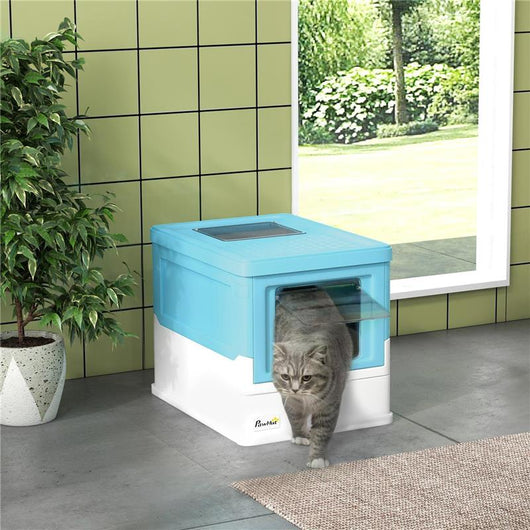LETTIERA PER GATTI CHIUSA CON PALETTA, VASSOIO ESTRAIBILE E 2 PORTE, 47.5X35.5X36.7CM, AZZURRO