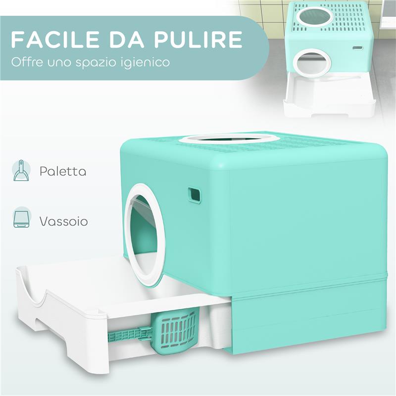 LETTIERA PER GATTI CON COPERCHIO E PALETTA, DOPPIO INGRESSO E VASSOIO ESTRAIBILE, 52X41X38.5 CM, VERDE