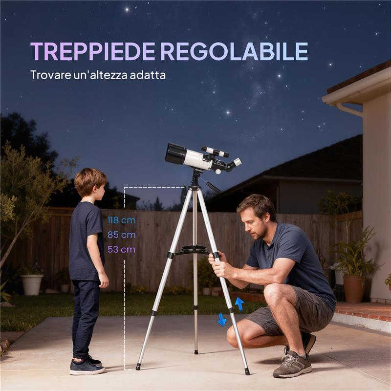 TELESCOPIO ASTRONOMICO 70MM CON 2 LENTI OCULARI E ADATTATORE SMARTPHONE, 80X80X135 CM, BIANCO E NERO