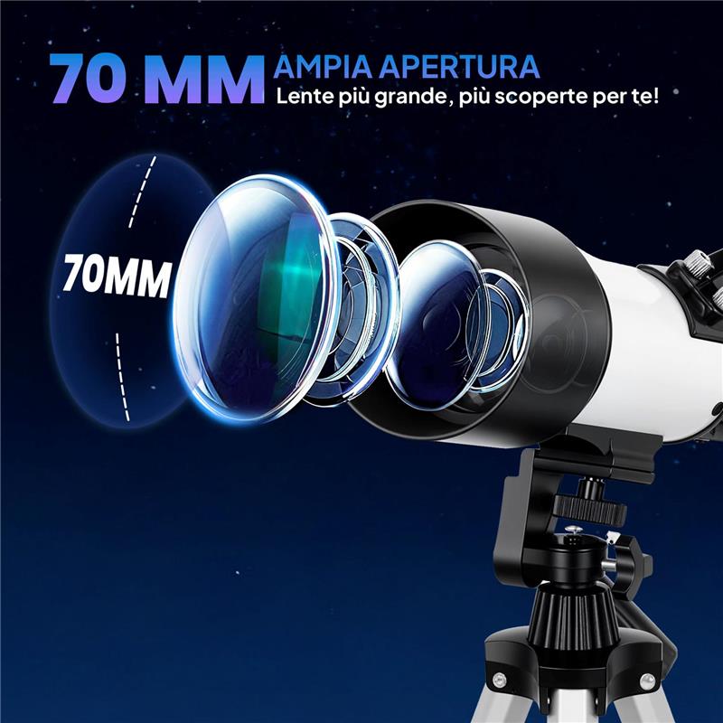 TELESCOPIO ASTRONOMICO 70MM CON 2 LENTI OCULARI E ADATTATORE SMARTPHONE, 80X80X135 CM, BIANCO E NERO