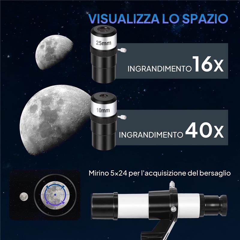 TELESCOPIO ASTRONOMICO 70MM CON 2 LENTI OCULARI E ADATTATORE SMARTPHONE, 80X80X135 CM, BIANCO E NERO