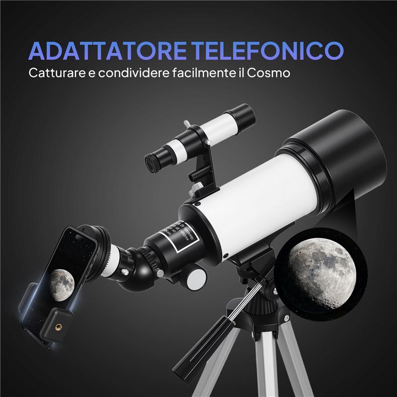 TELESCOPIO ASTRONOMICO 70MM CON 2 LENTI OCULARI E ADATTATORE SMARTPHONE, 80X80X135 CM, BIANCO E NERO