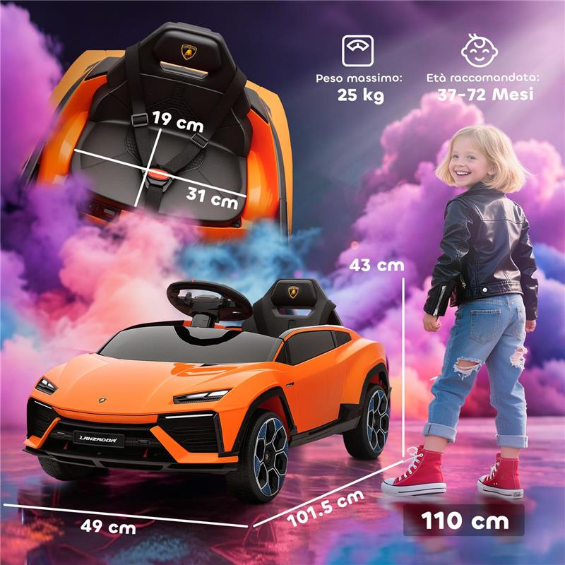 MACCHINA ELETTRICA PER BAMBINI LICENZA LAMBORGHINI CON CLACSON E TELECOMANDO, 101.5X49X43 CM, ARANCIONE
