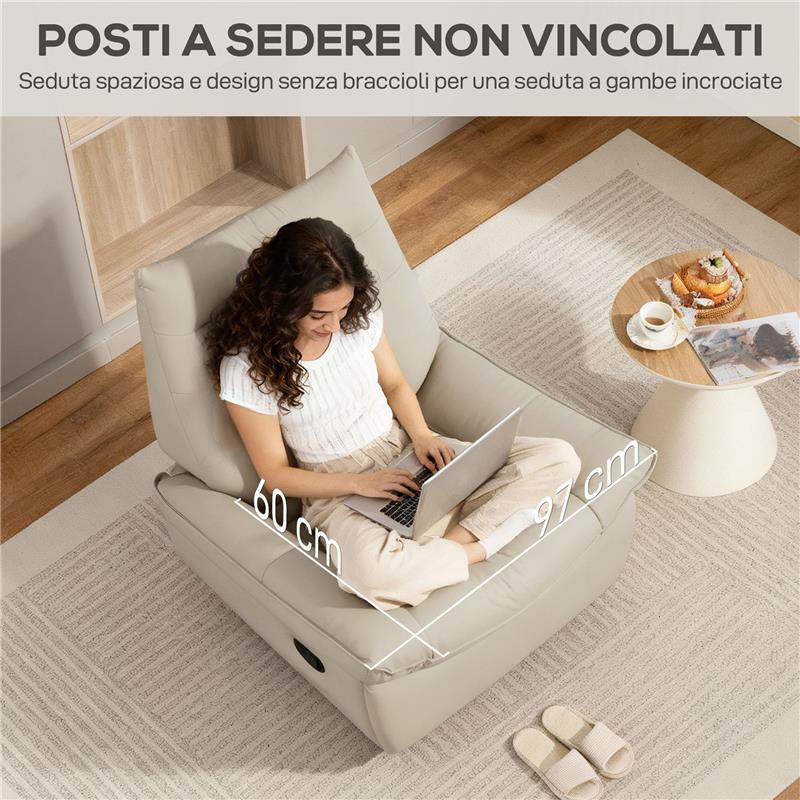 POLTRONA RELAX RECLINABILE MANUALMENTE CON POGGIAPIEDI E BASE GIREVOLE SENZA BRACCIOLI, CREMA