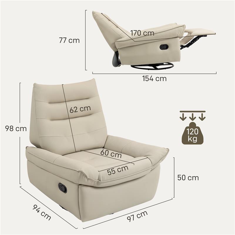 POLTRONA RELAX RECLINABILE MANUALMENTE CON POGGIAPIEDI E BASE GIREVOLE SENZA BRACCIOLI, CREMA