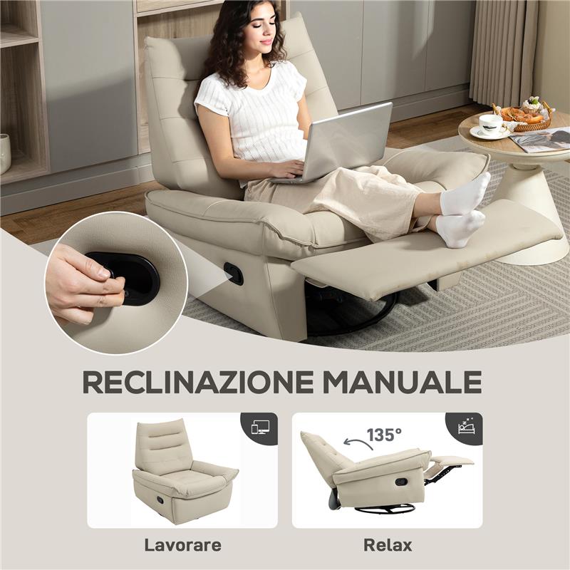 POLTRONA RELAX RECLINABILE MANUALMENTE CON POGGIAPIEDI E BASE GIREVOLE SENZA BRACCIOLI, CREMA
