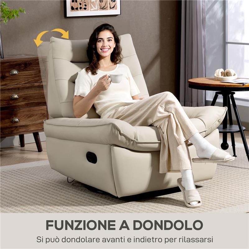 POLTRONA RELAX RECLINABILE MANUALMENTE CON POGGIAPIEDI E BASE GIREVOLE SENZA BRACCIOLI, CREMA