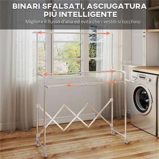 STENDIBIANCHERIA PIEGHEVOLE CON 3 BARRE REGOLABILI, RUOTE GIREVOLI E STRUTTURA IN ACCIAIO INOX, ARGENTO