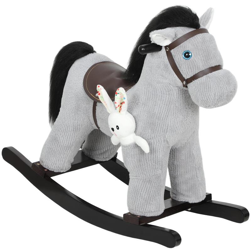 CAVALLO A DONDOLO CON SUONI PER BAMBINI DA 2-5 ANNI E ANIMALE DI PELUCHE INCLUSO, LEGNO E ACCIAIO, GRIGIO