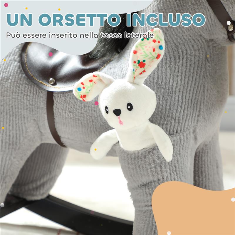 CAVALLO A DONDOLO CON SUONI PER BAMBINI DA 2-5 ANNI E ANIMALE DI PELUCHE INCLUSO, LEGNO E ACCIAIO, GRIGIO