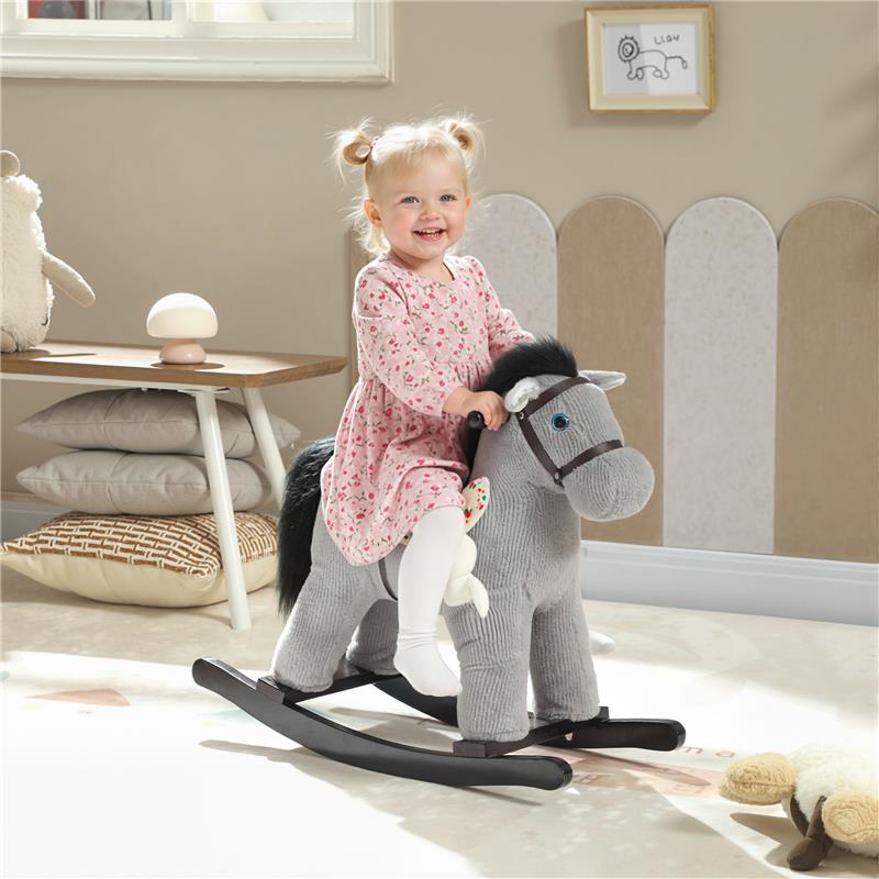 CAVALLO A DONDOLO CON SUONI PER BAMBINI DA 2-5 ANNI E ANIMALE DI PELUCHE INCLUSO, LEGNO E ACCIAIO, GRIGIO