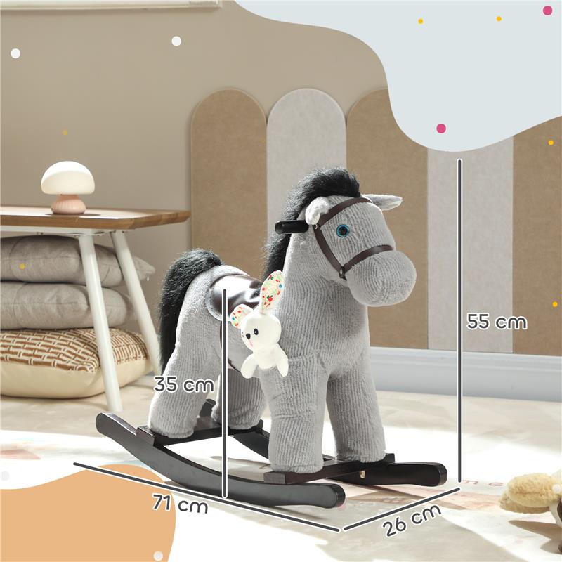 CAVALLO A DONDOLO CON SUONI PER BAMBINI DA 2-5 ANNI E ANIMALE DI PELUCHE INCLUSO, LEGNO E ACCIAIO, GRIGIO