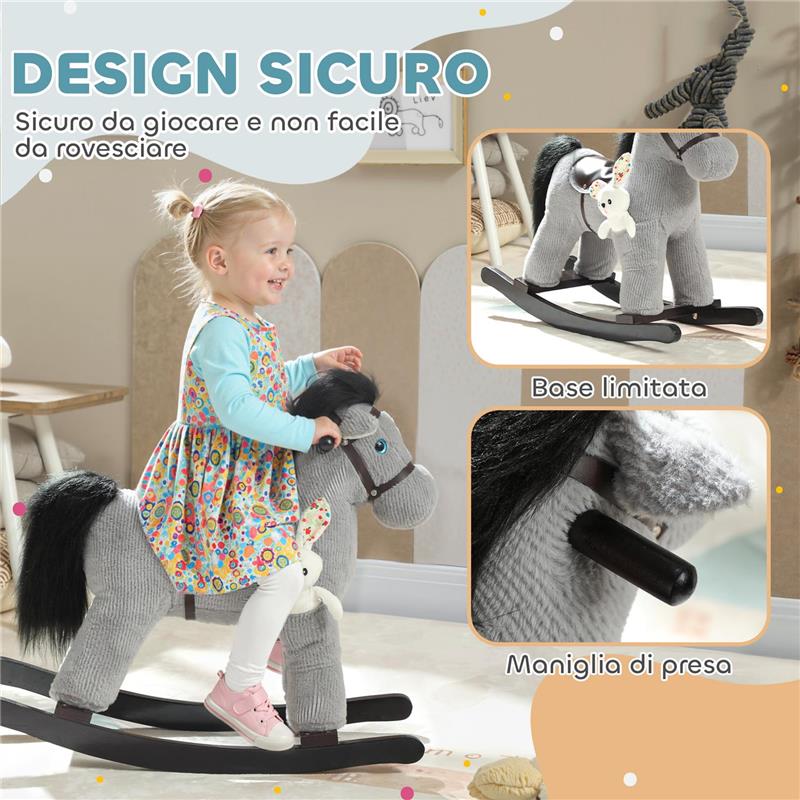 CAVALLO A DONDOLO CON SUONI PER BAMBINI DA 2-5 ANNI E ANIMALE DI PELUCHE INCLUSO, LEGNO E ACCIAIO, GRIGIO