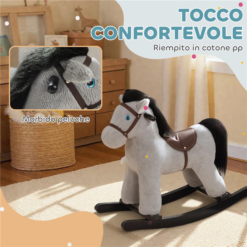 CAVALLO A DONDOLO CON SUONI PER BAMBINI DA 2-5 ANNI E ANIMALE DI PELUCHE INCLUSO, LEGNO E ACCIAIO, GRIGIO