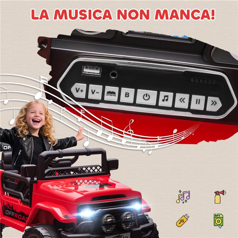 FUORISTRADA PER BAMBINI CON FANALI, CLACSON, CINTURA E TELECOMANDO, IN PP E METALLO, 99X66X68.5 CM, ROSSO