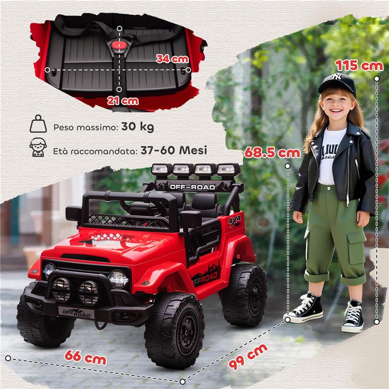 FUORISTRADA PER BAMBINI CON FANALI, CLACSON, CINTURA E TELECOMANDO, IN PP E METALLO, 99X66X68.5 CM, ROSSO