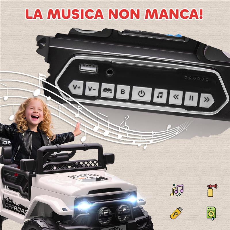 FUORISTRADA PER BAMBINI CON FANALI, CLACSON, CINTURA E TELECOMANDO, IN PP E METALLO, 99X66X68.5 CM, BIANCO